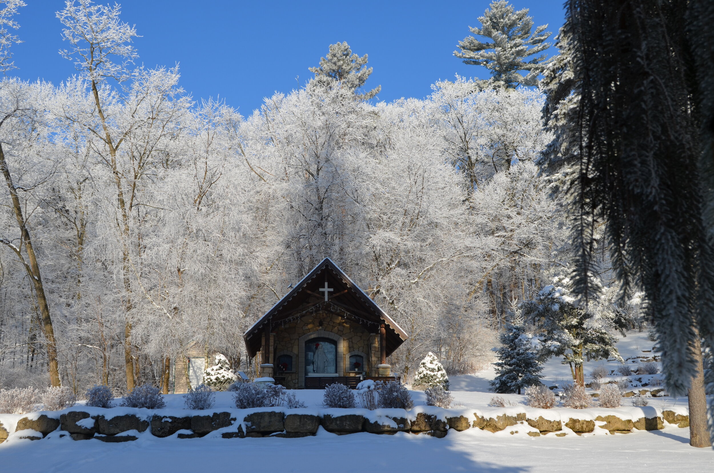 Mary Shrine glowing in fresh snow