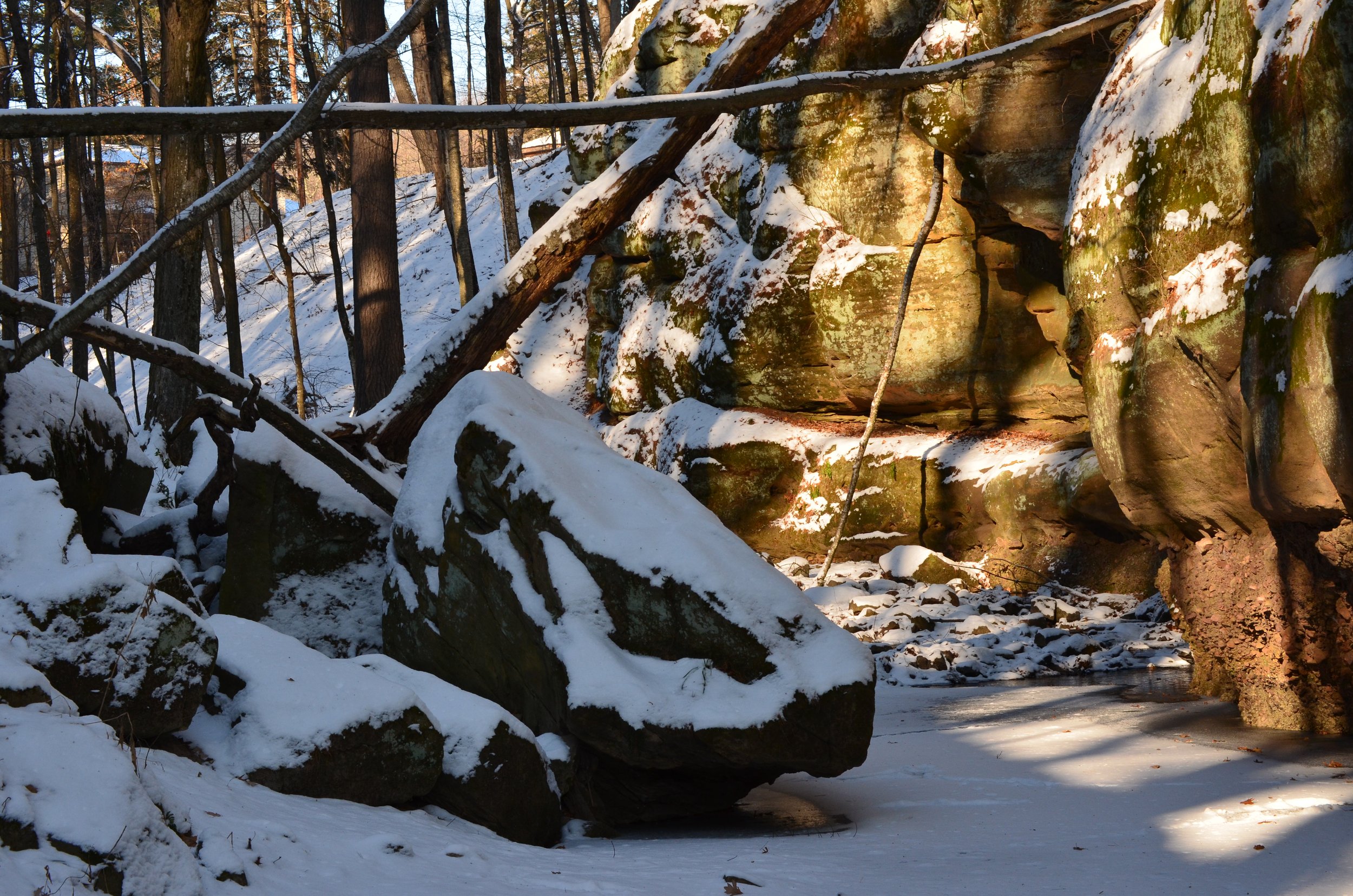 Auld Geordie statue in winter snow