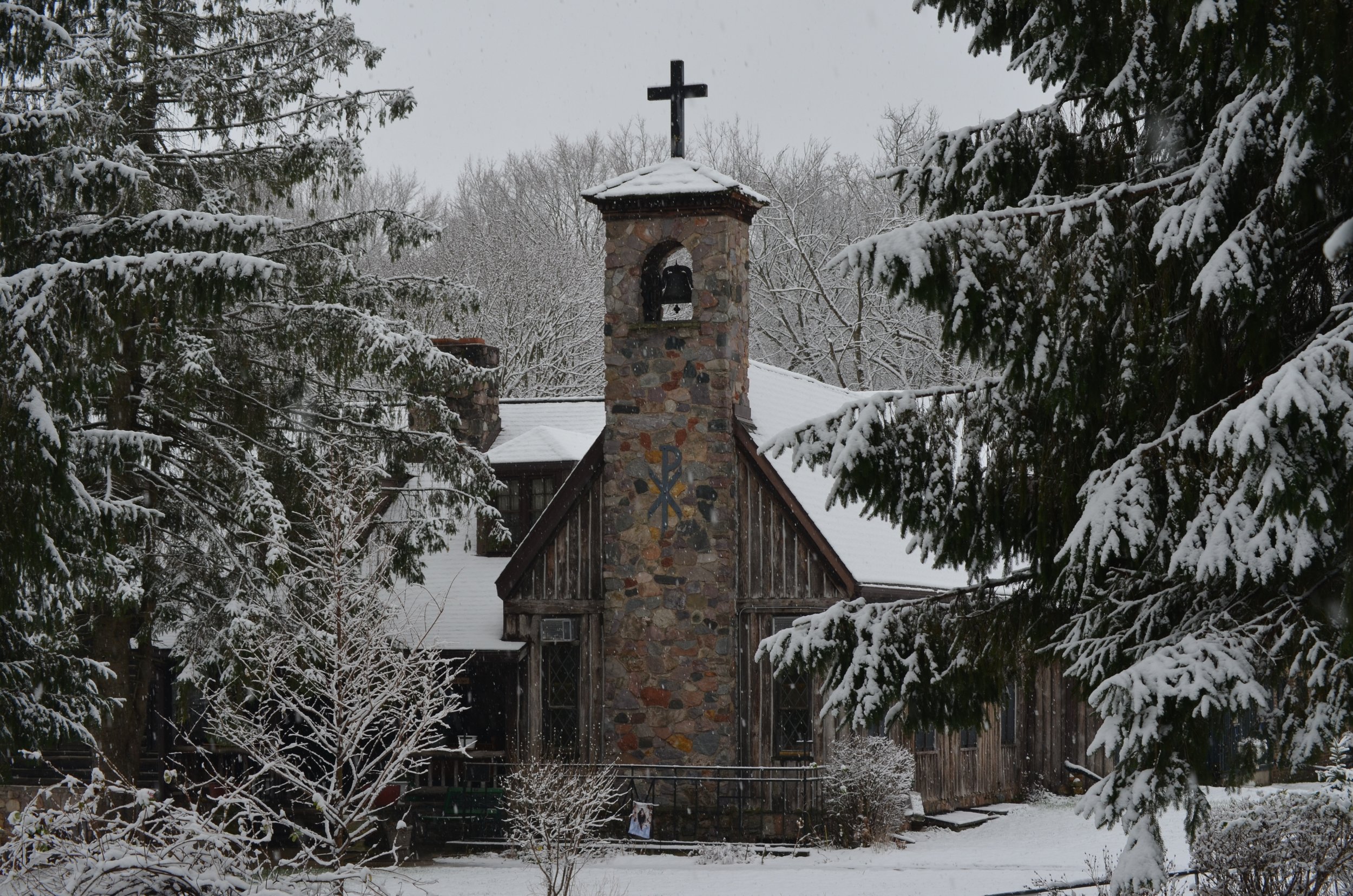 Chapel blanketed in winter snow